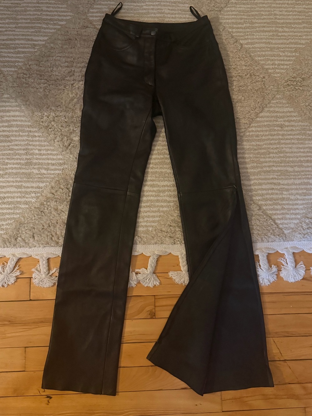 NWOT bebe Black Faux Leather Flare Pants with zippers
